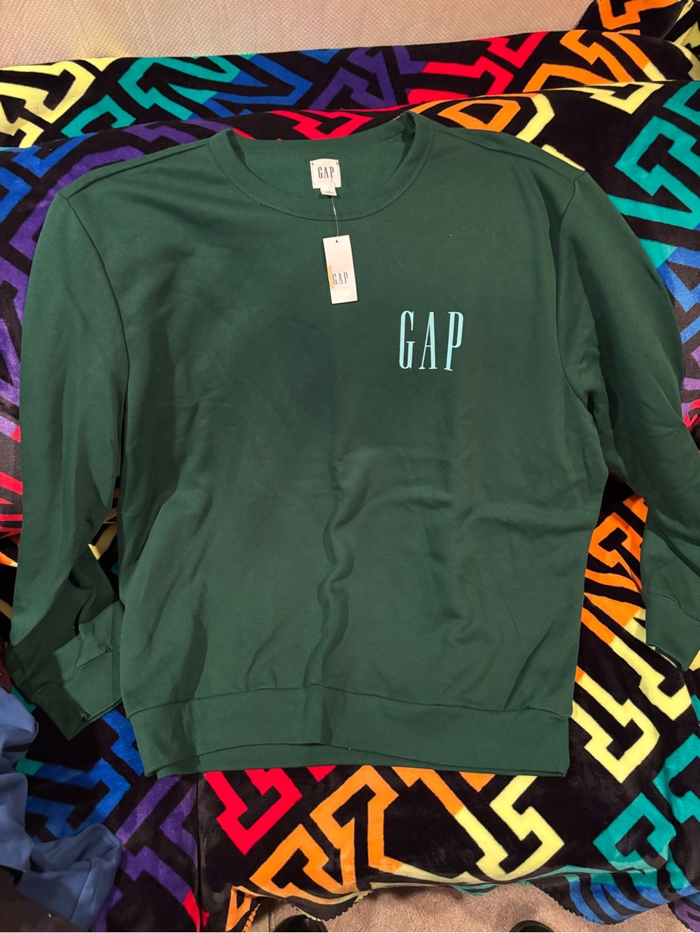 GAP Men's Dark Green Crewneck Sweatshirt with Light Blue Logo